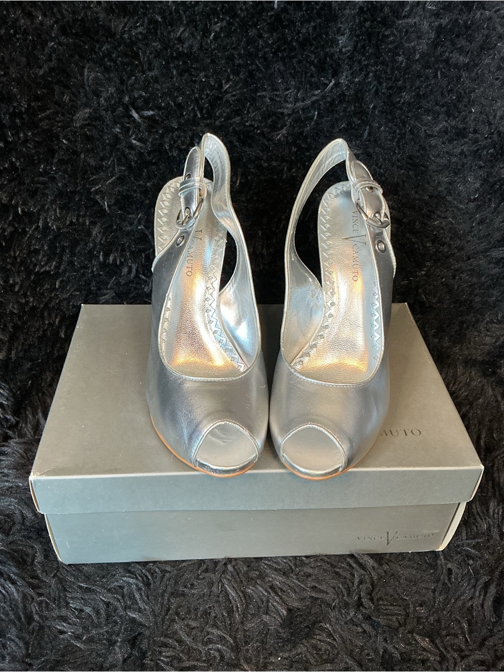 Vince Camuto Metallic Silver Peep-Toe Slingback Heels